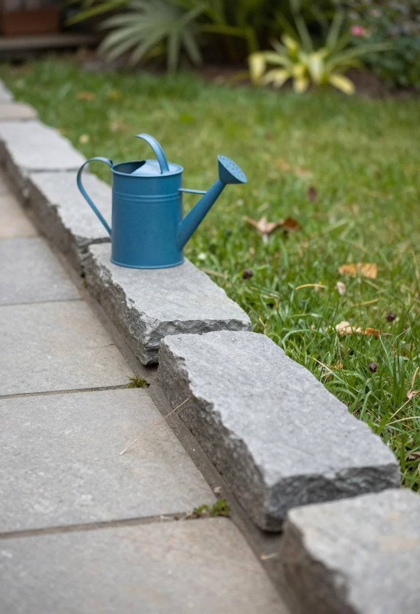 Flat limestone slab edging bordering a garden bed beside a cool blue enameled watering can