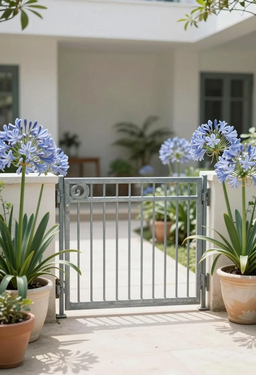 Galvanized steel arbor gate flanked by cool-blue agapanthus pots at the entrance to a deck walkway