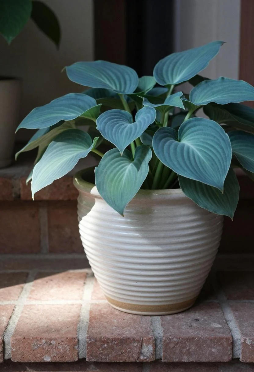 Ribbed ceramic hosta pot on the side of a brick front step in soft morning sun