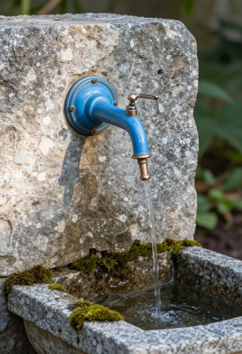 Jade green steel half-barrel solar fountain beside a clear front porch entry under overcast sky