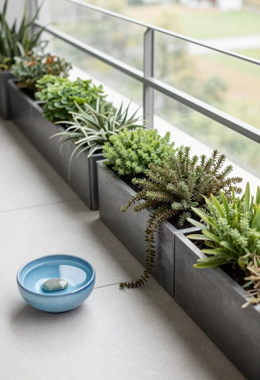 Modern balcony with steel railing planters of trailing sedum and cool blue water bowl in corner