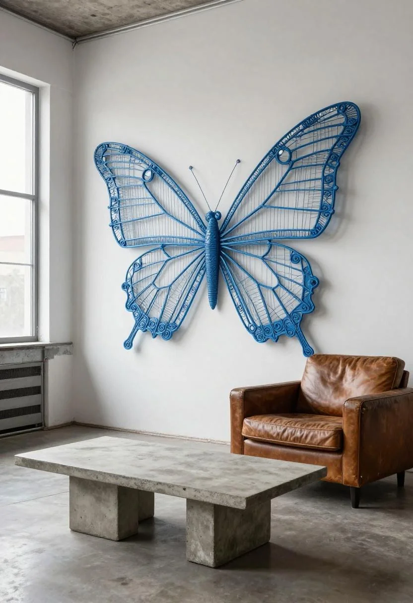 Cool blue metal wire butterfly sculpture above a concrete coffee table in an industrial room