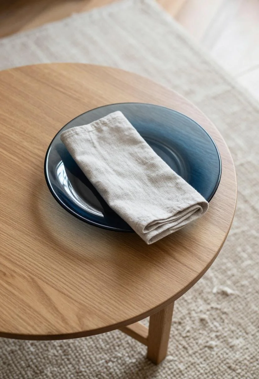 Cool blue glass bowl on round oak coffee table with a folded linen napkin, overhead view