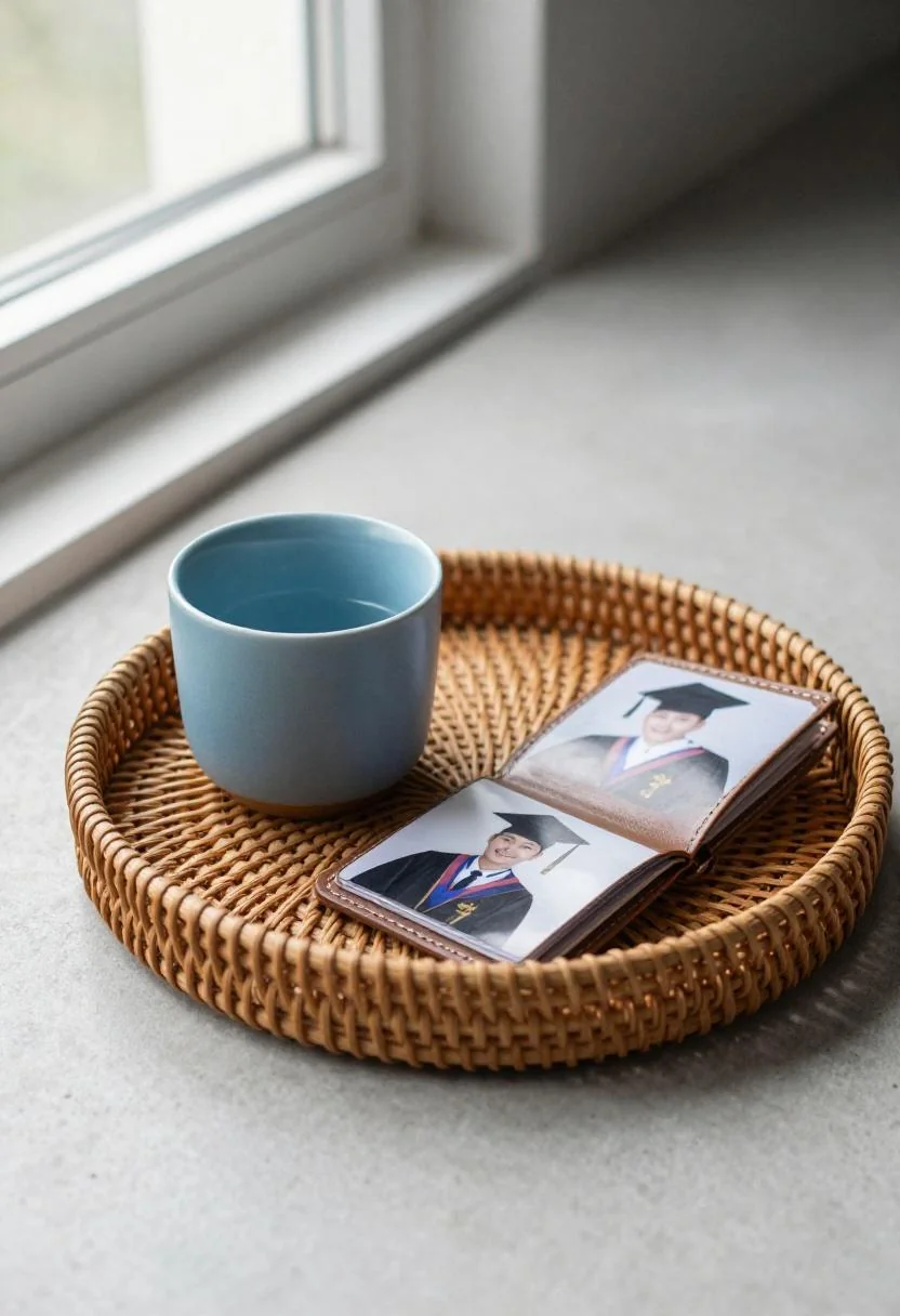 Cool blue ceramic cup beside an open leather graduation photo book on a concrete tray