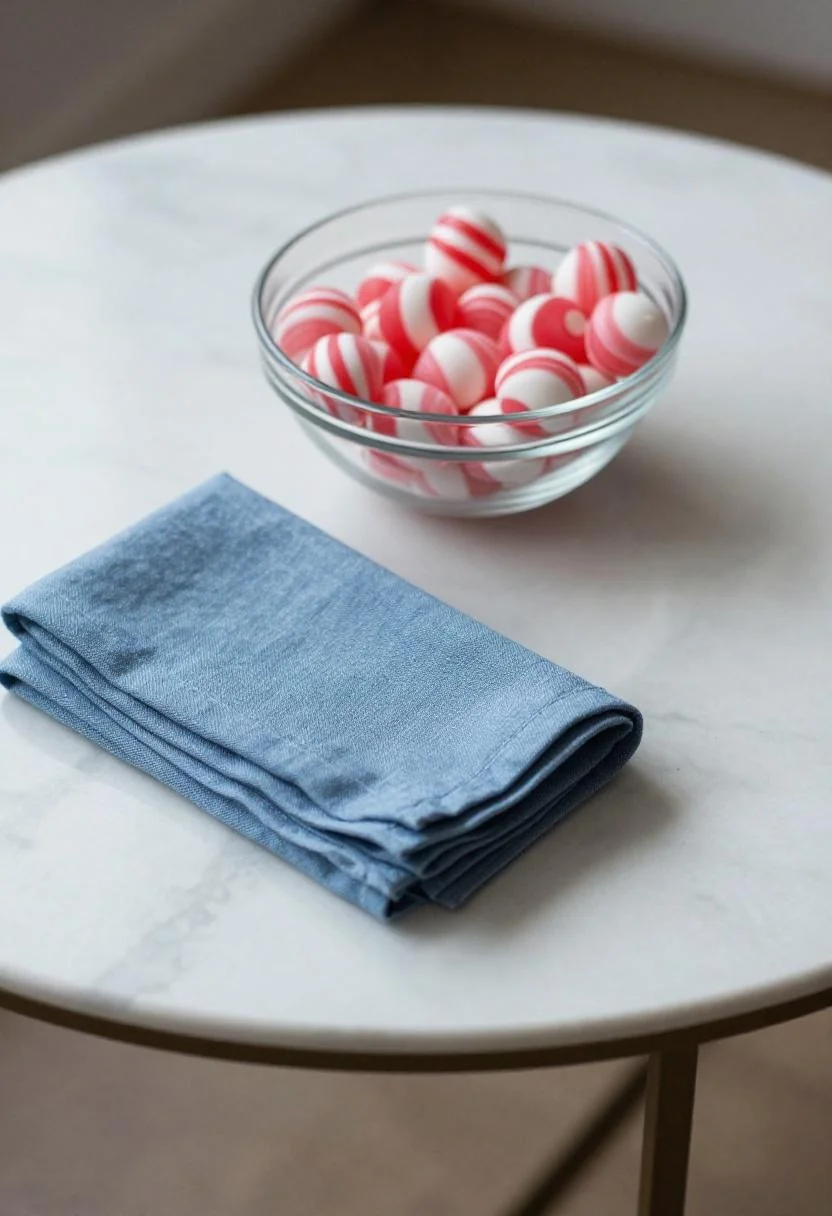 Marble coffee table with candy bowl and cool blue linen napkin in overhead close-up