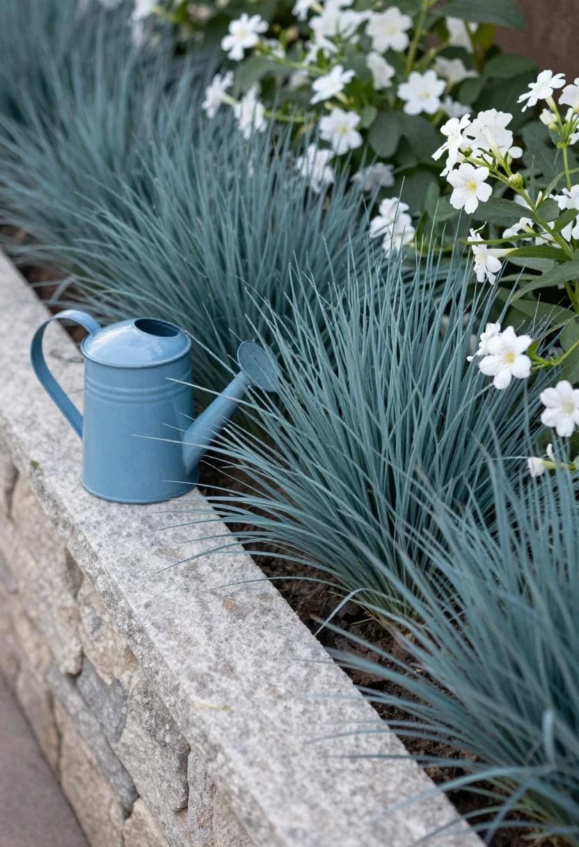 Stone-edged bed corner with blue fescue and a cool blue enamel watering can