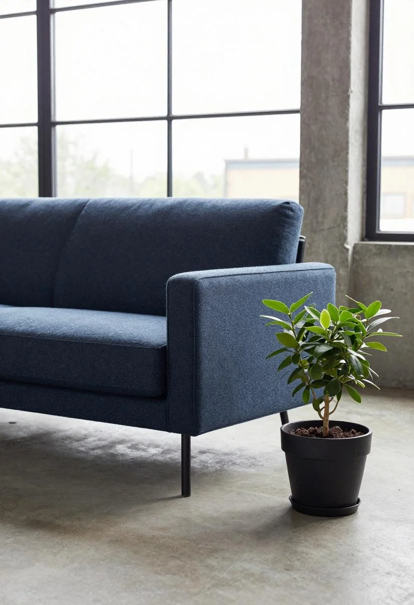 Cool blue steel sofa with lemon verbena plant in an industrial-style room