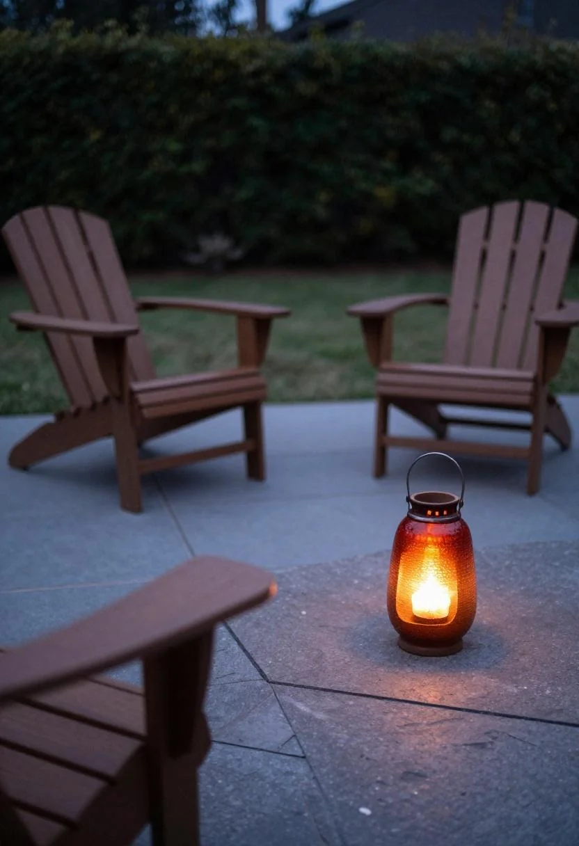 Plum ceramic lantern glowing beside a fire pit with teak Adirondack chairs at dusk