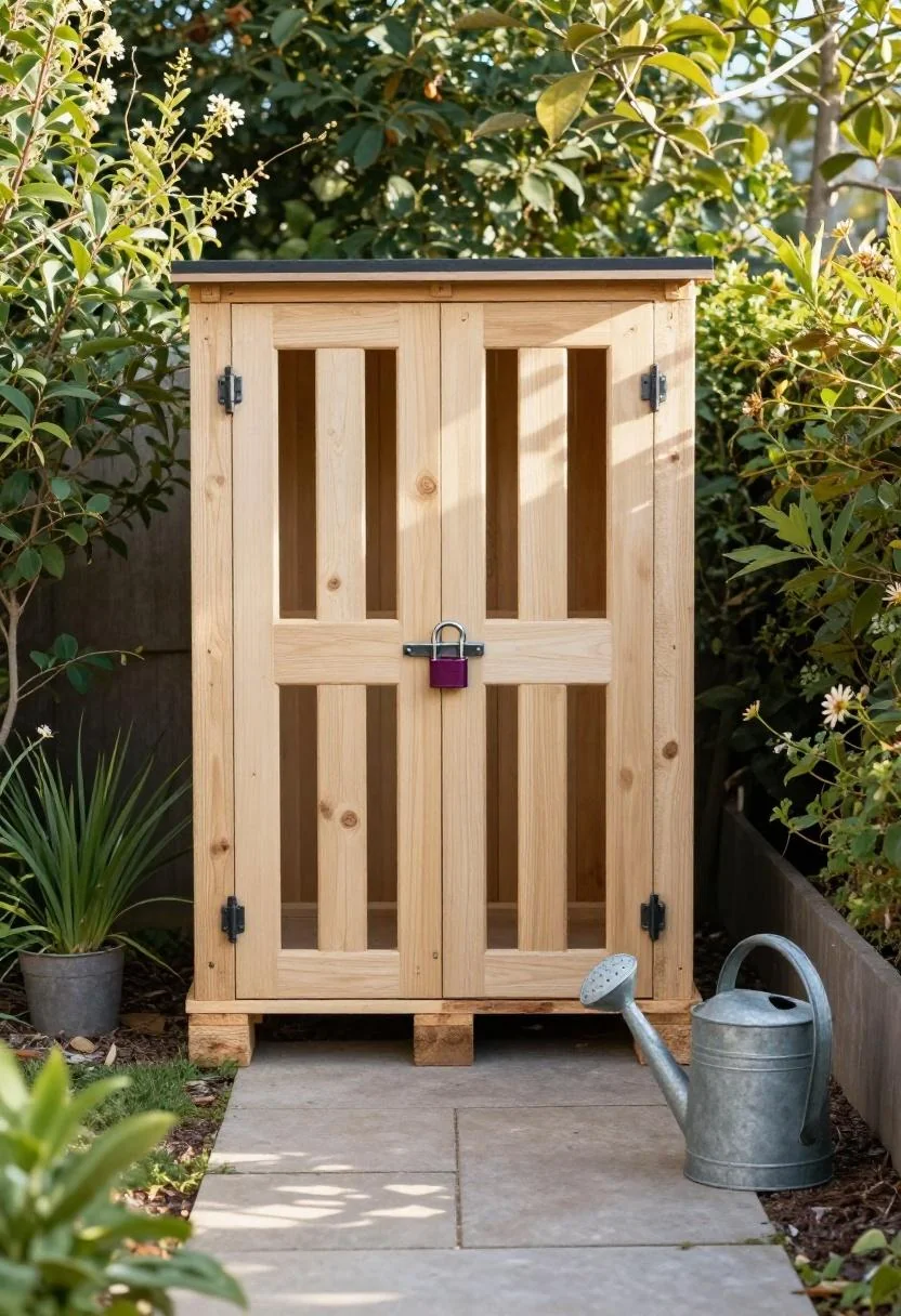 Completed pallet shed at garden path end with a plum noir hasp lock and galvanized watering can at morning light