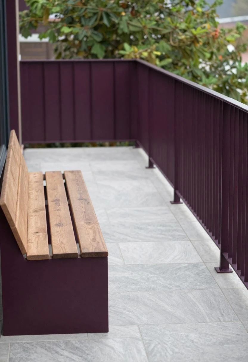 Plum noir steel planter and teak bench on porcelain pavers at a modern deck-to-patio transition
