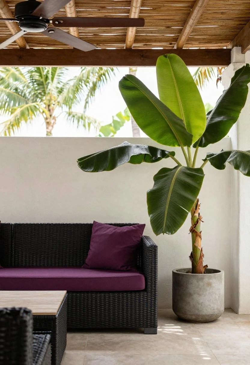 Plum woven sofa and banana-leaf plant in brushed concrete pot on tropical shaded patio