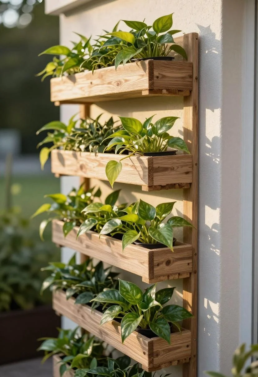 Plum-painted pallet vertical garden with pothos pockets glowing in golden hour light