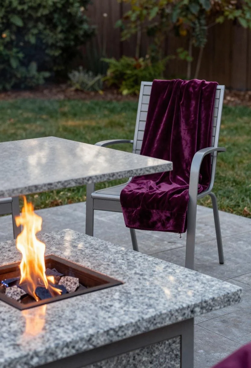 Granite gas fire pit table with plum velvet throw draped over a steel chair at golden hour