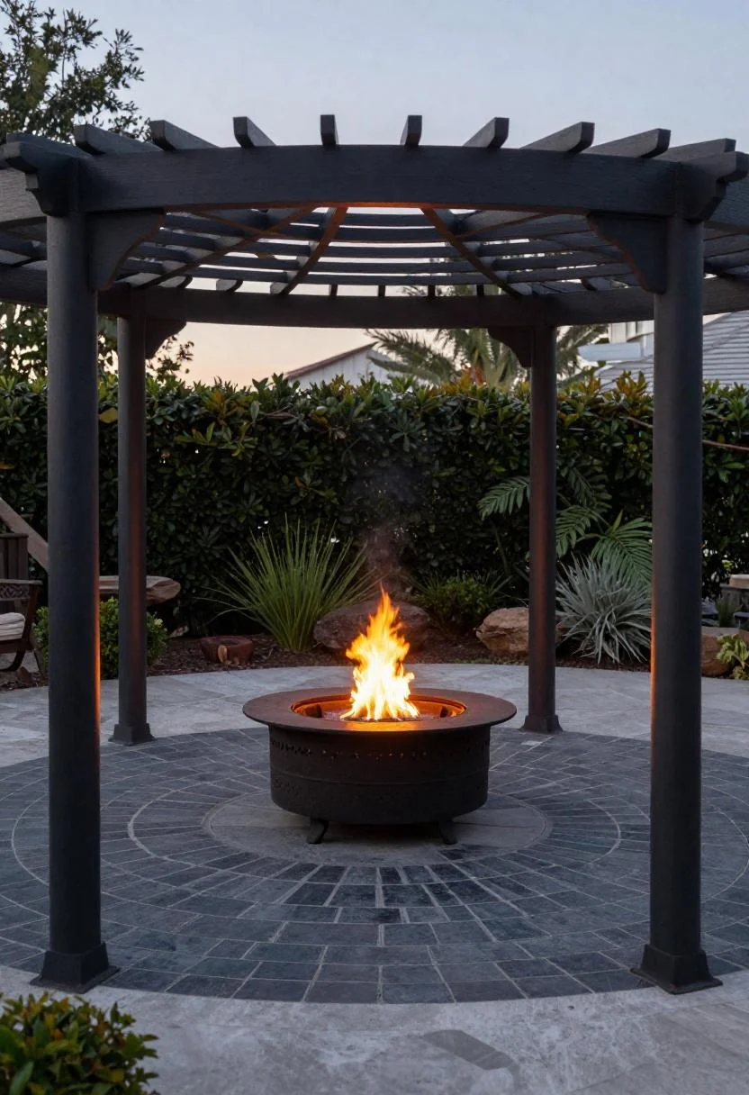 Steel pergola overhead view of plum slate pavers surrounding a cast-iron fire bowl at dusk
