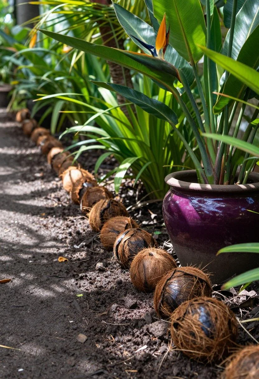 Coconut husk edging lining a tropical path beside a plum-glazed pot with bird-of-paradise
