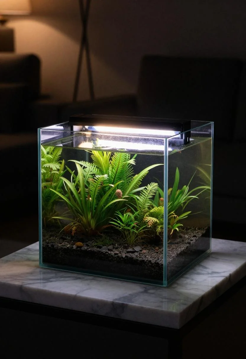 Hexagonal aquarium with plum-noir plants on a marble plinth in a moody living room corner