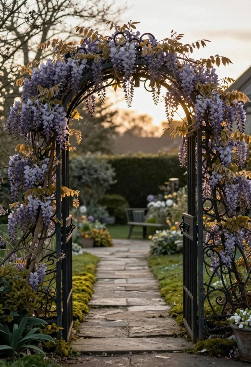 Wrought-iron arbor overwhelmed with plum wisteria creating a romantic cottage garden gateway