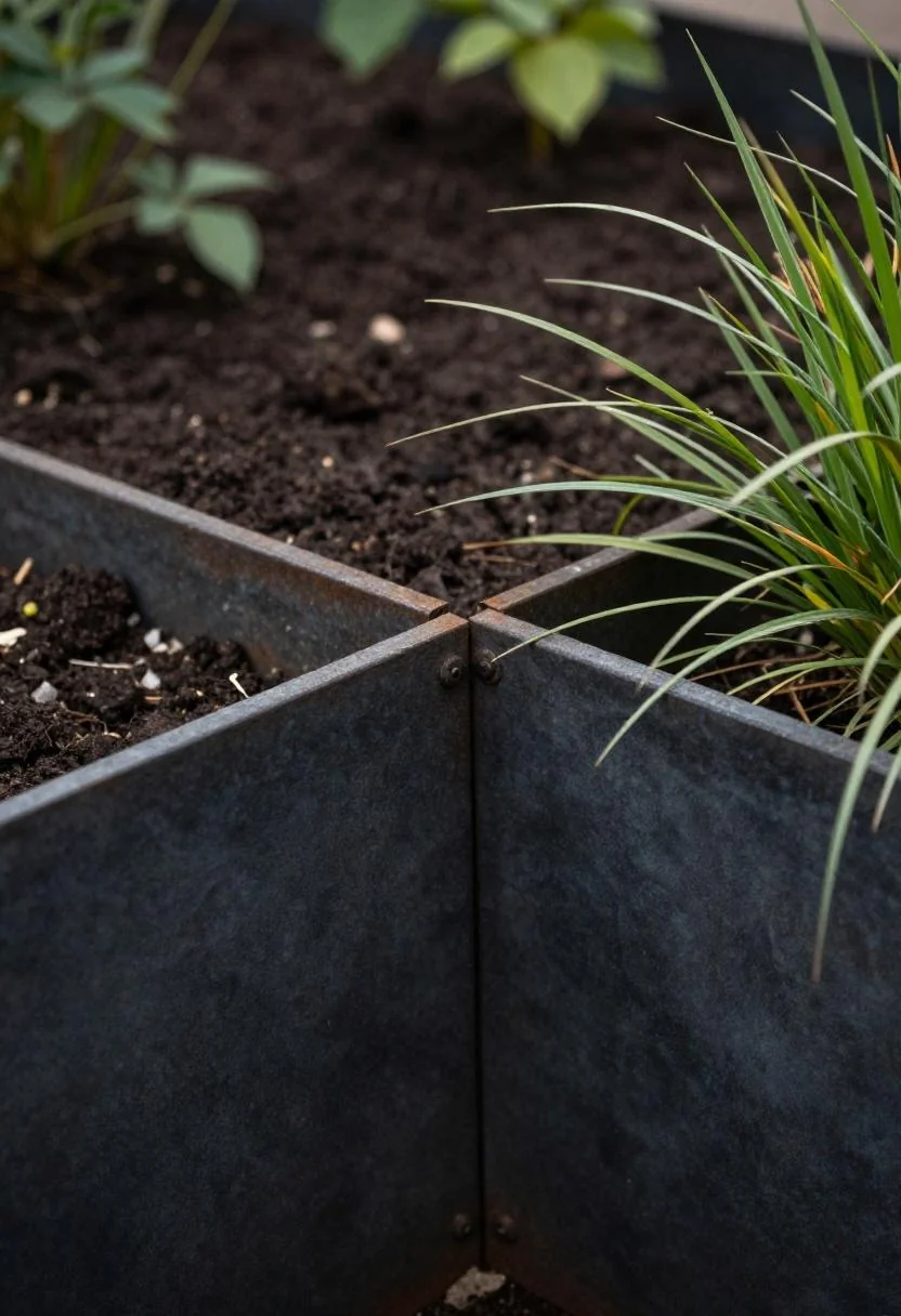 Jade green bamboo stakes edging a long tropical balcony planter at golden hour