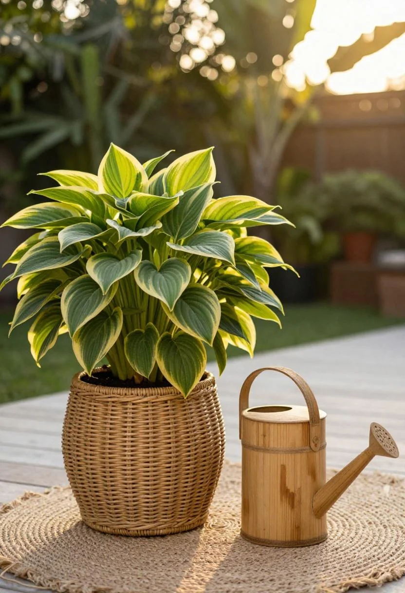 Rattan-wrapped hosta pot and bamboo watering can on a tropical deck at golden hour