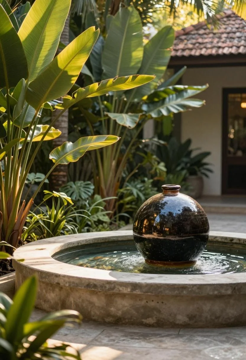 Plum noir ceramic sphere fountain on a concrete plinth framed by tropical bird of paradise