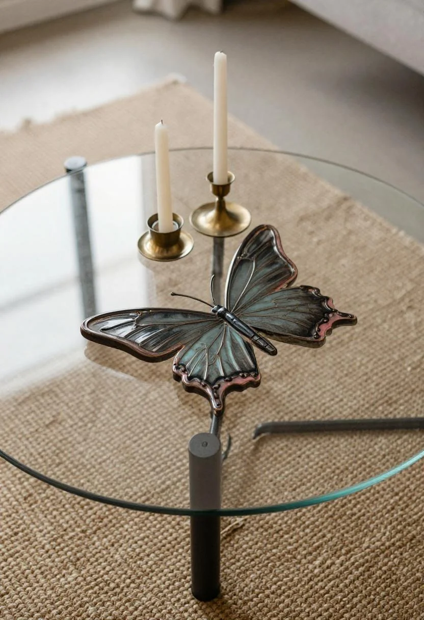Plum noir lacquered butterfly tray with brass taper candles on a glass coffee table