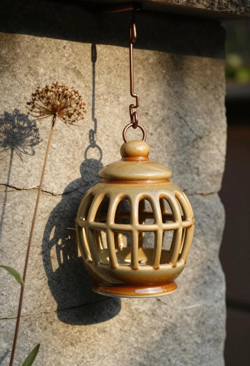Plum-noir glazed suet feeder on a copper hook against a stone garden wall with ornamental allium at golden hour