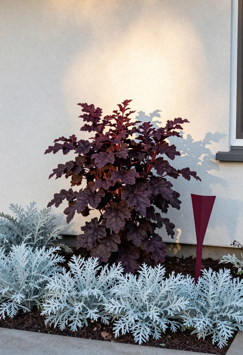 Layered front bed with plum heuchera and silver artemisia in golden hour light