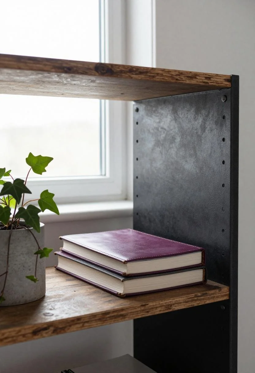 Industrial steel bookshelf with plum noir leather journal and concrete planter
