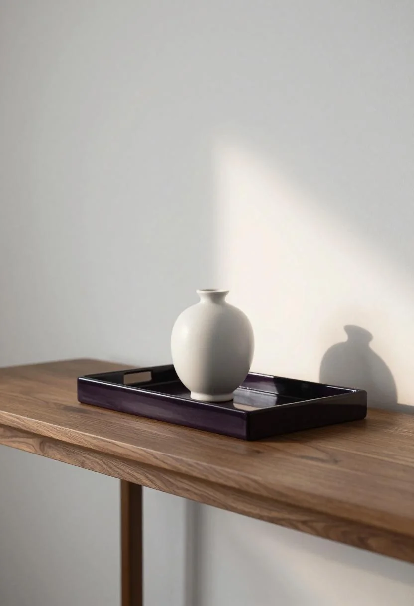 Plum noir lacquered tray with a white ceramic bud vase on a japandi oak console table