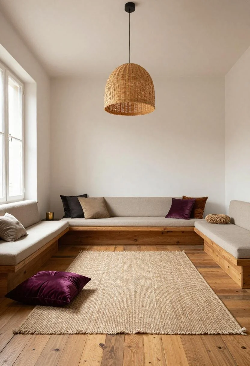 Bohemian jute rug with plum noir silk floor cushion under rattan pendant light