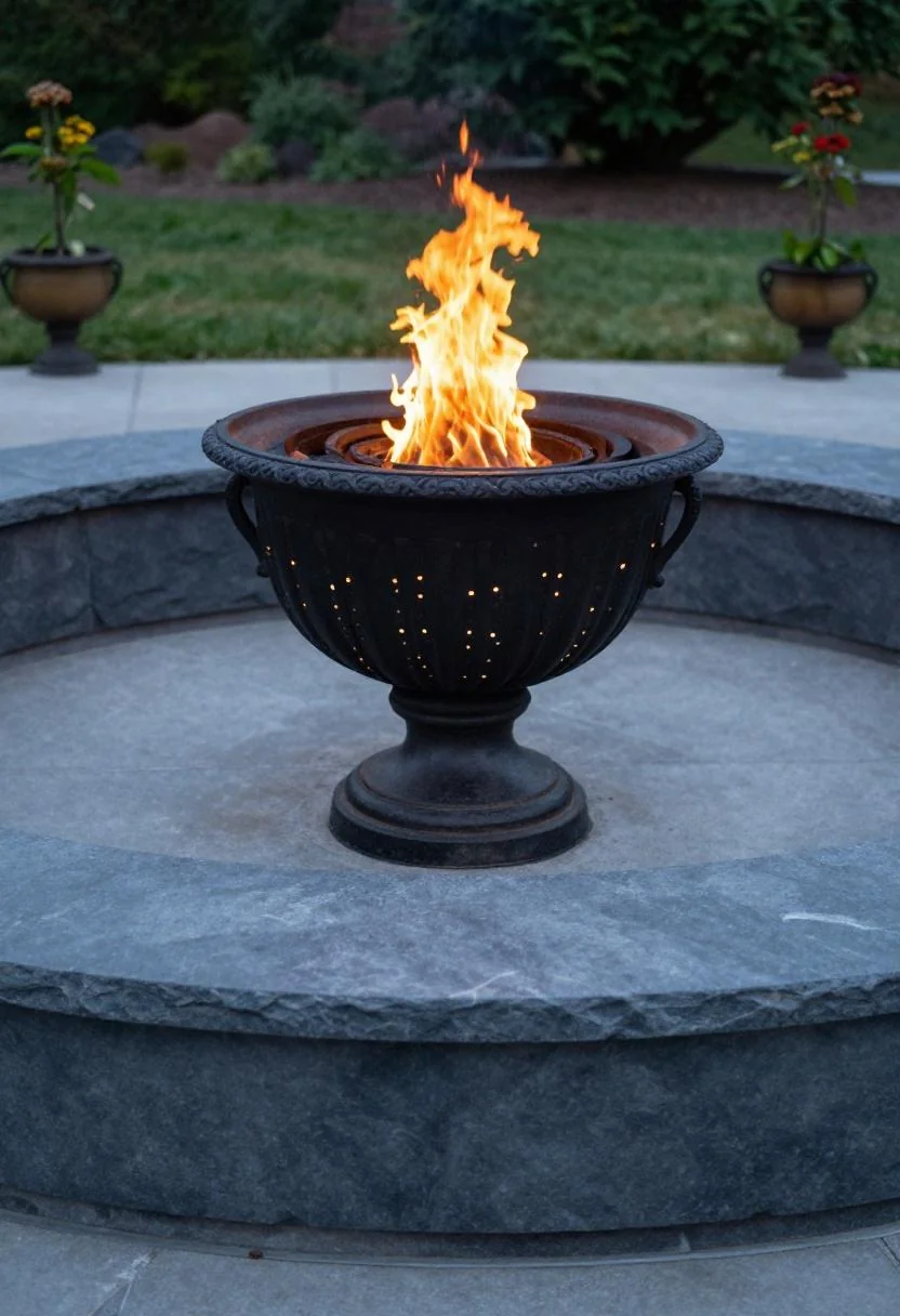 Bee balm in plum-noir cast-iron urns flanking a slate fire pit ring at dusk