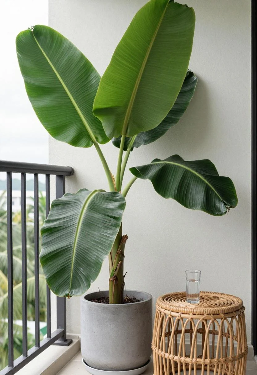 Jade green banana leaf plant in a concrete balcony pot beside a rattan side table in tropical midday shade