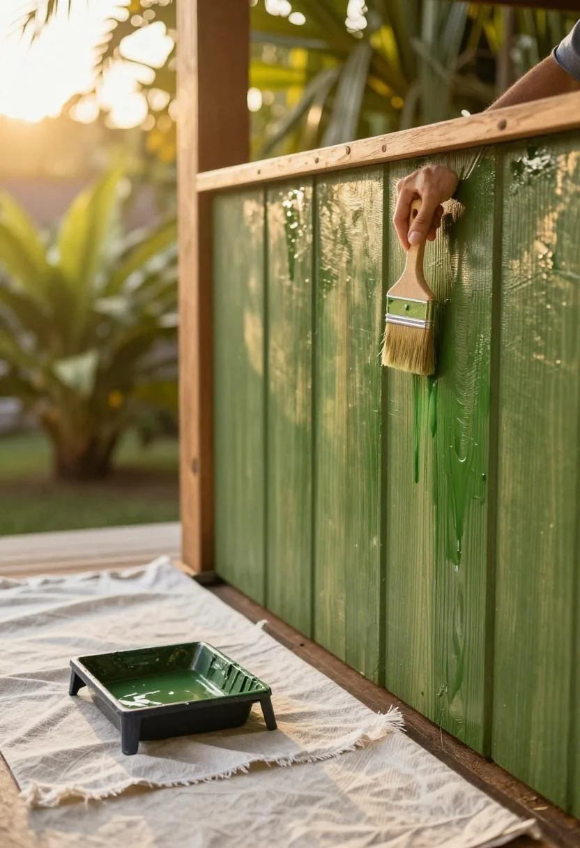 Pallet shed wall being sealed with jade green wood stain and a bristle brush at golden hour