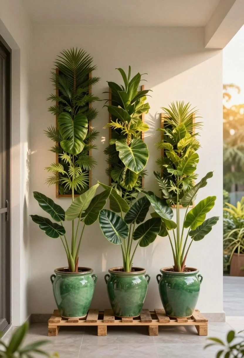 Modern balcony pallet planter with wasabi steel trowel and herb seedling in morning light