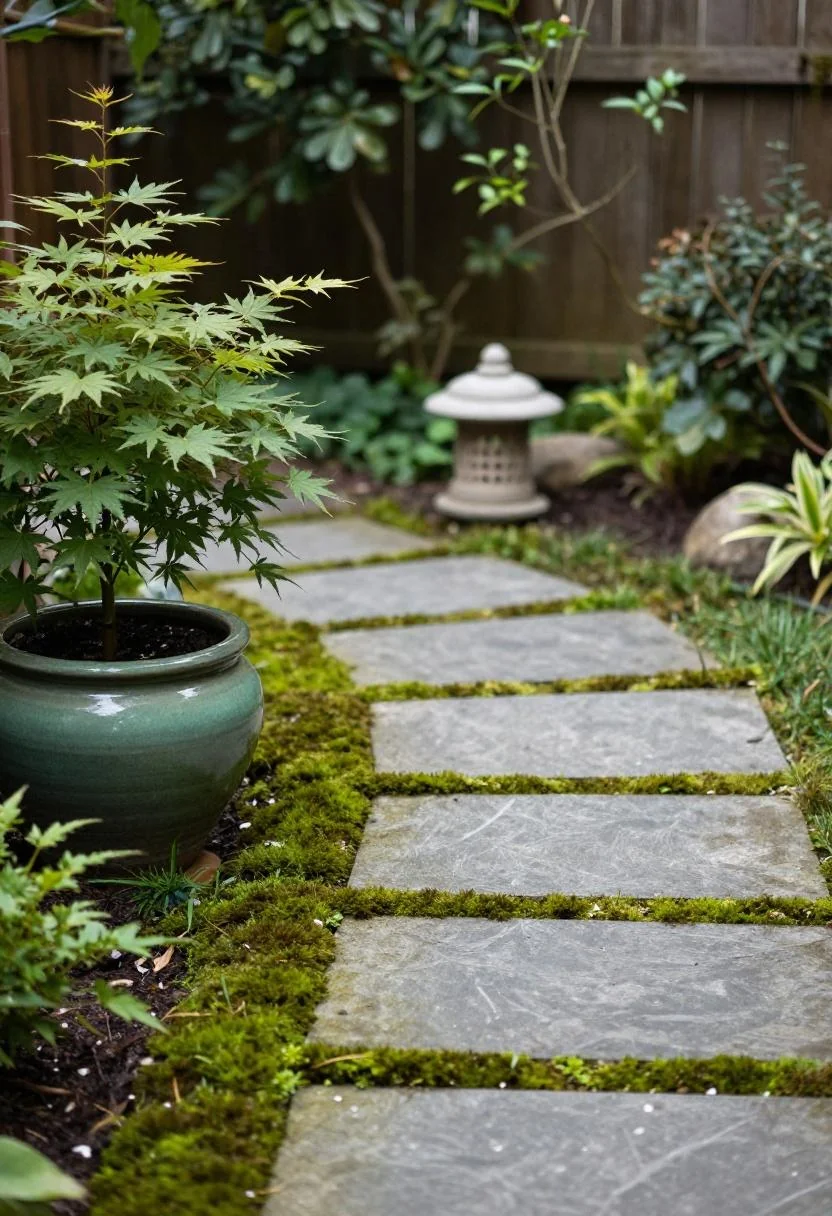 Jade glazed pot with Japanese maple beside a flagstone paver garden path with a stone lantern at morning