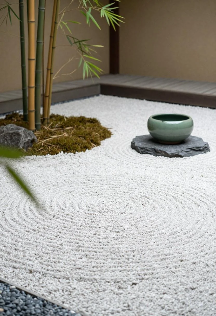 Raked gravel, jade ceramic water bowl, and bamboo cluster in serene zen garden corner