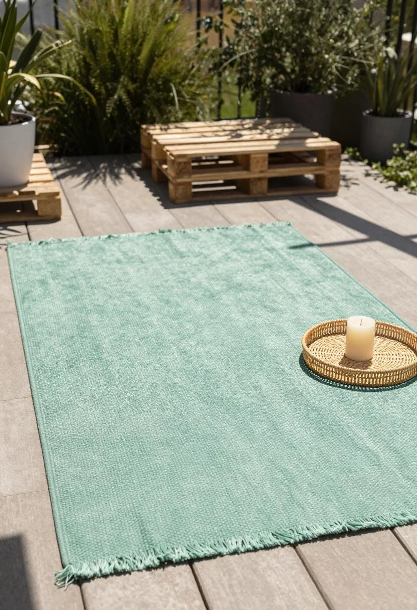 Jade jute rug over a four-pallet deck with a rattan candle tray at morning light