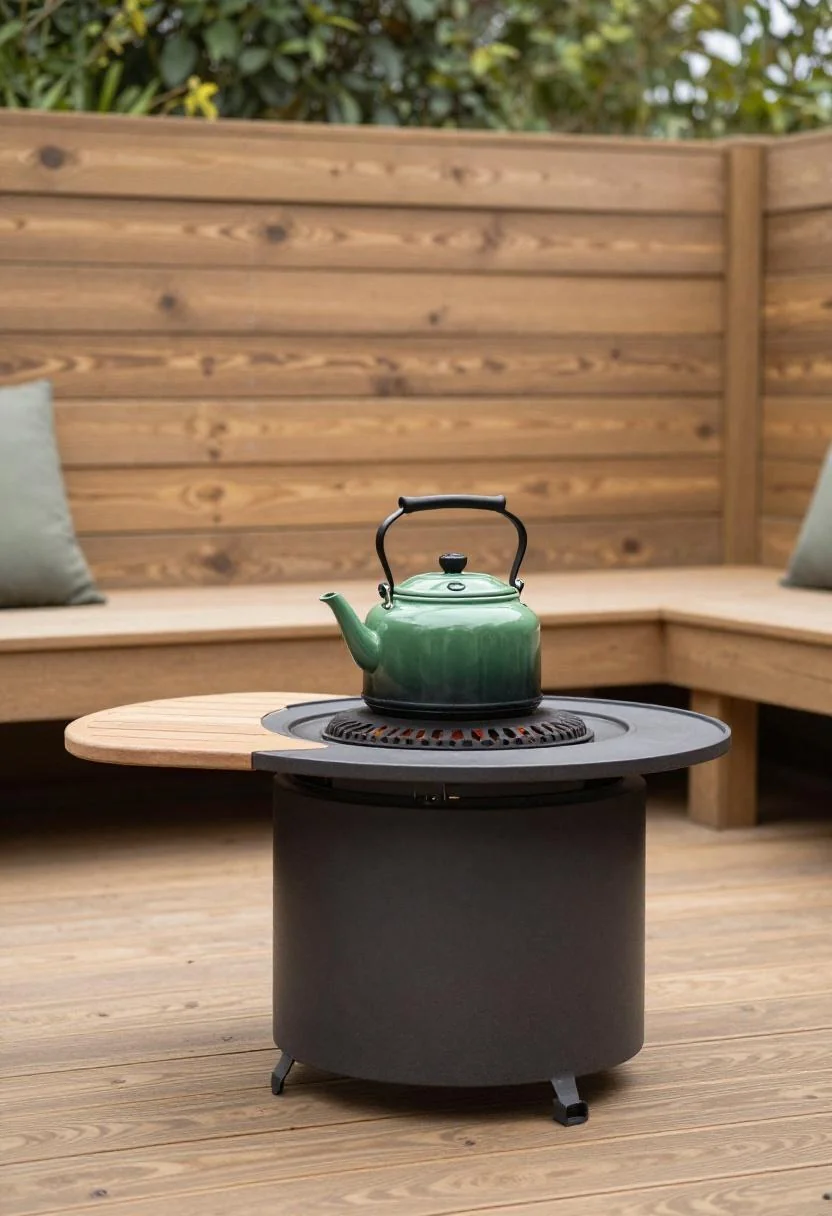 Cast-iron fire pit with jade green kettle on teak table beside a cedar fence