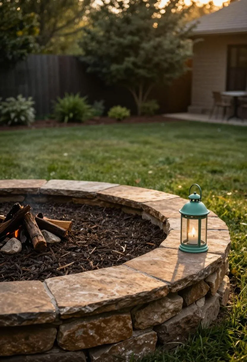Fieldstone ring edging defining a fire pit mulch zone with a jade green cast iron lantern at the edge