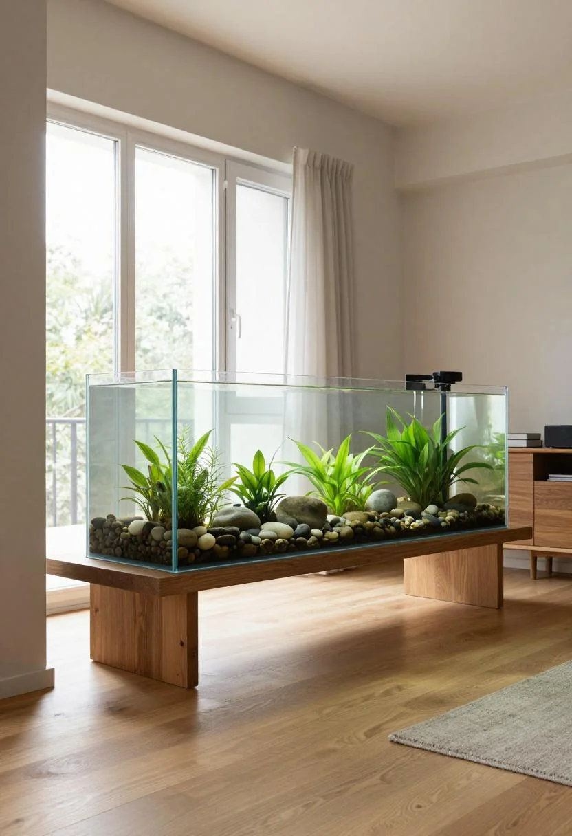Long aquarium with jade green plants on an ash console table in a serene Japandi living room
