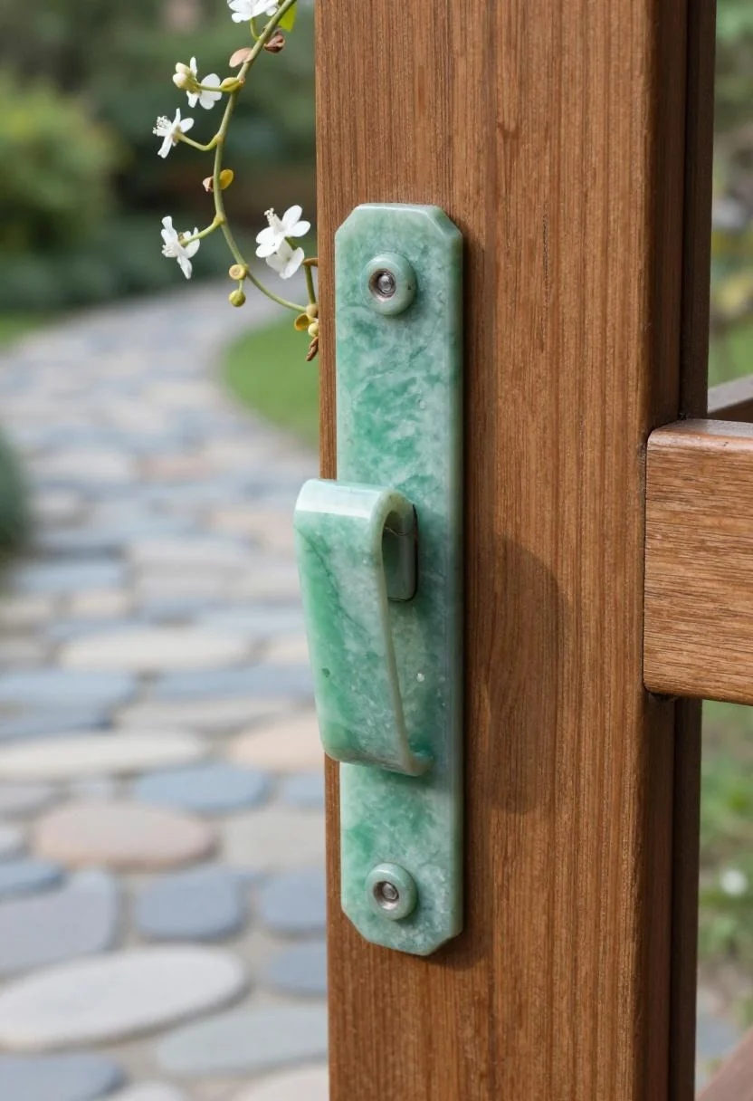 Close-up of a jade-patina cedar gate latch with jasmine vine on a morning garden path