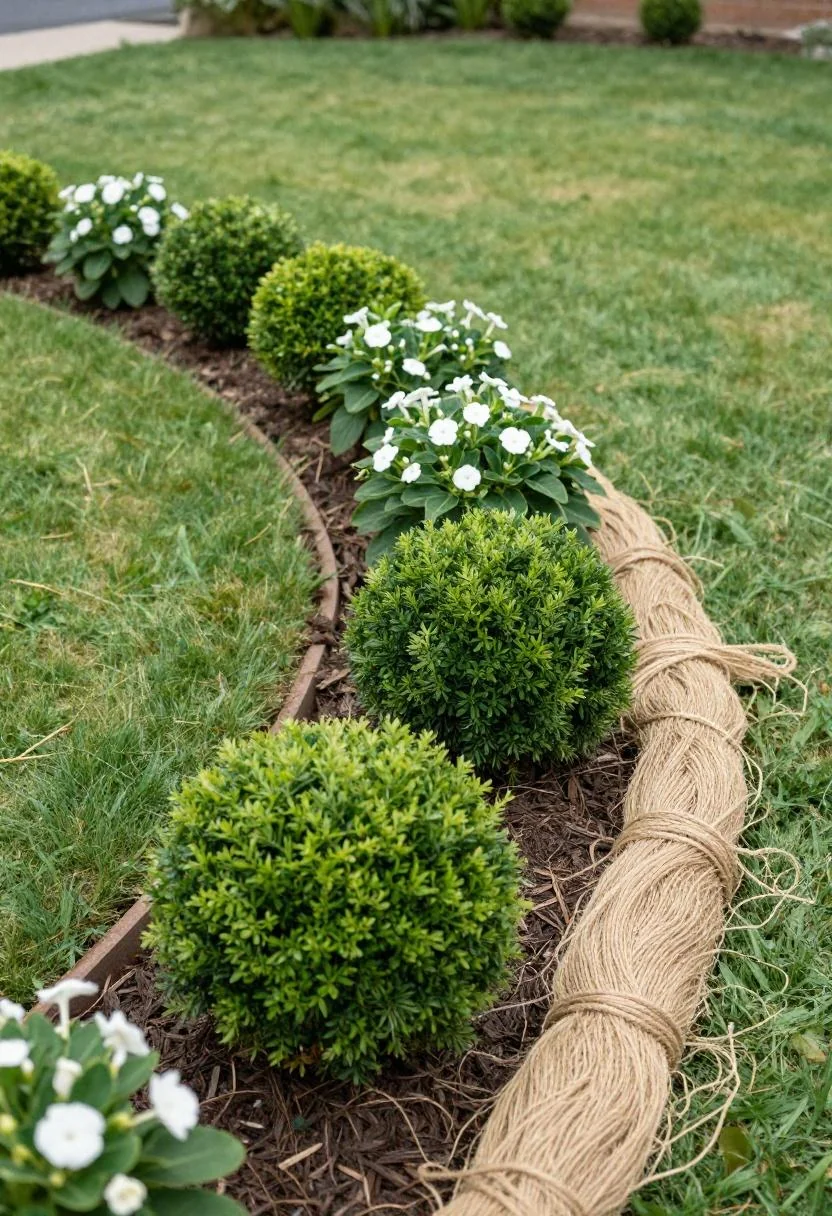Curved front lawn bed with jade boxwood balls and white impatiens in even daylight
