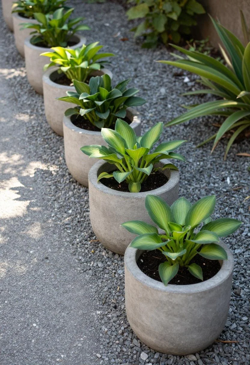Three staggered concrete hosta pots lining the edge of a gravel garden path in morning light