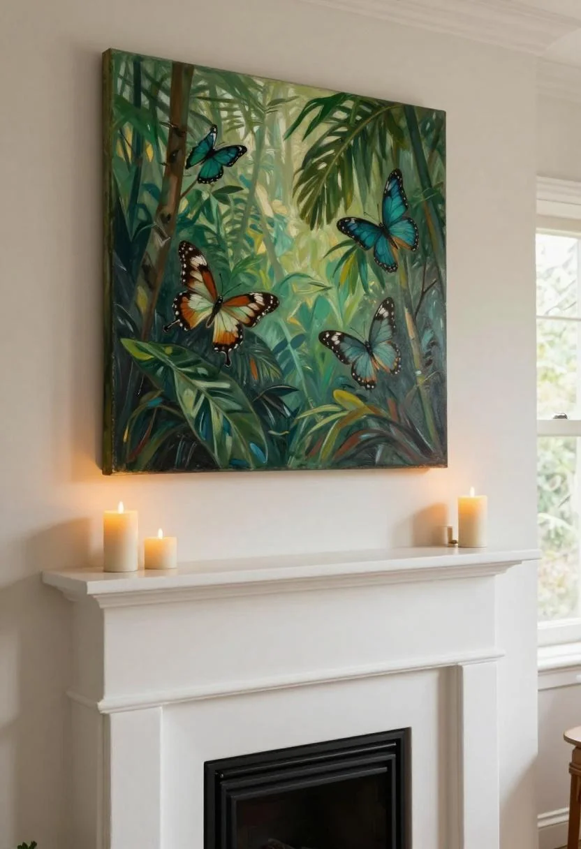 Jade green tropical butterfly oil painting above a white plaster fireplace mantel