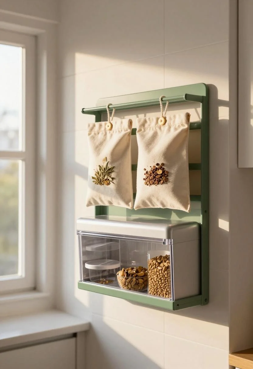 Jade green wall rack beside the fridge keeps dried herb treats and pellets organized in a space-saving kitchen setup