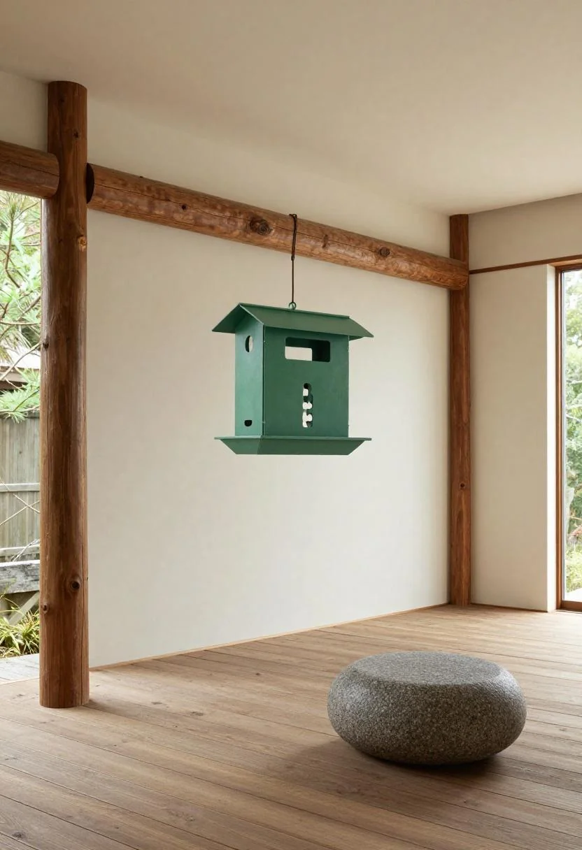Jade green nyjer seed feeder hanging from a pine crossbeam above a granite stone lantern on a zen deck