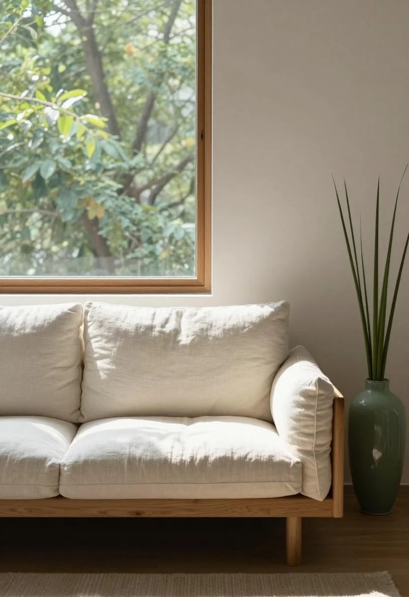 Japandi teak sofa with tall jade green ceramic floor vase in morning light
