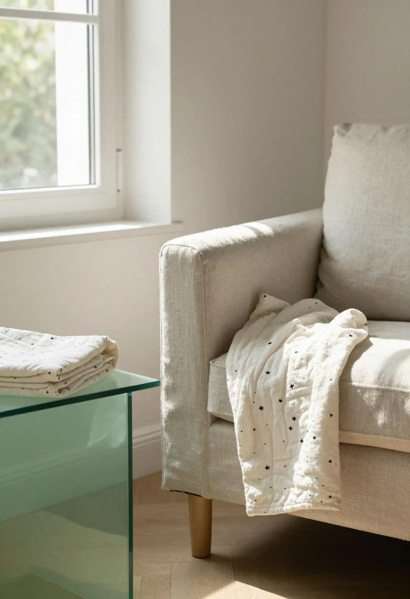 Jade green glass side table holding a star-print cotton quilt beside a linen armchair in morning light