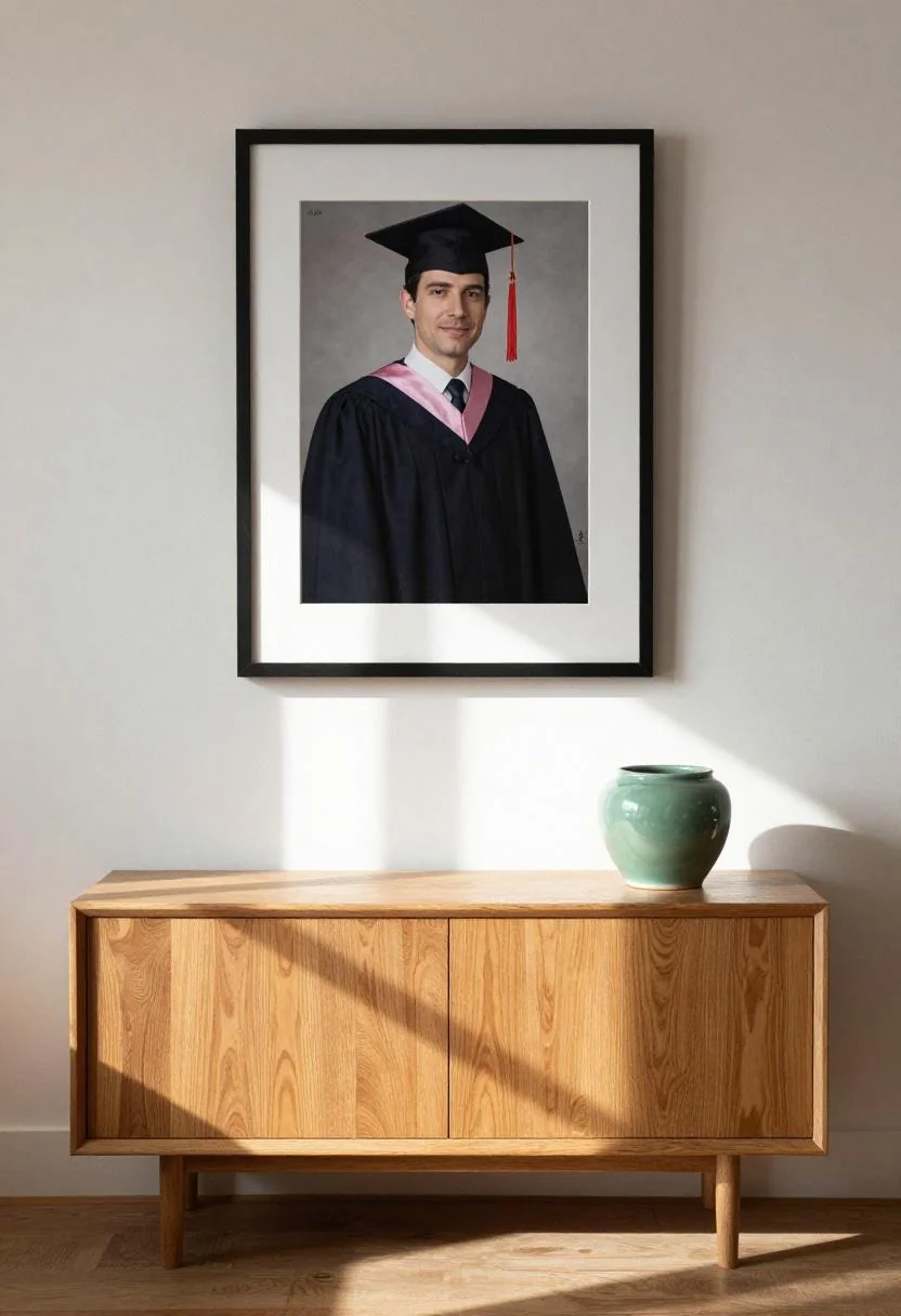 Jade green ceramic pot beside a large graduation portrait above an oak console table