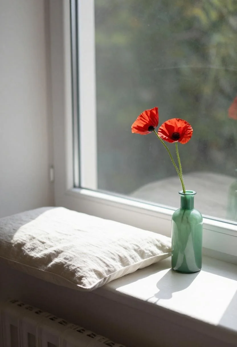 Linen window seat with jade green glass bottle and red poppy in morning sunlight